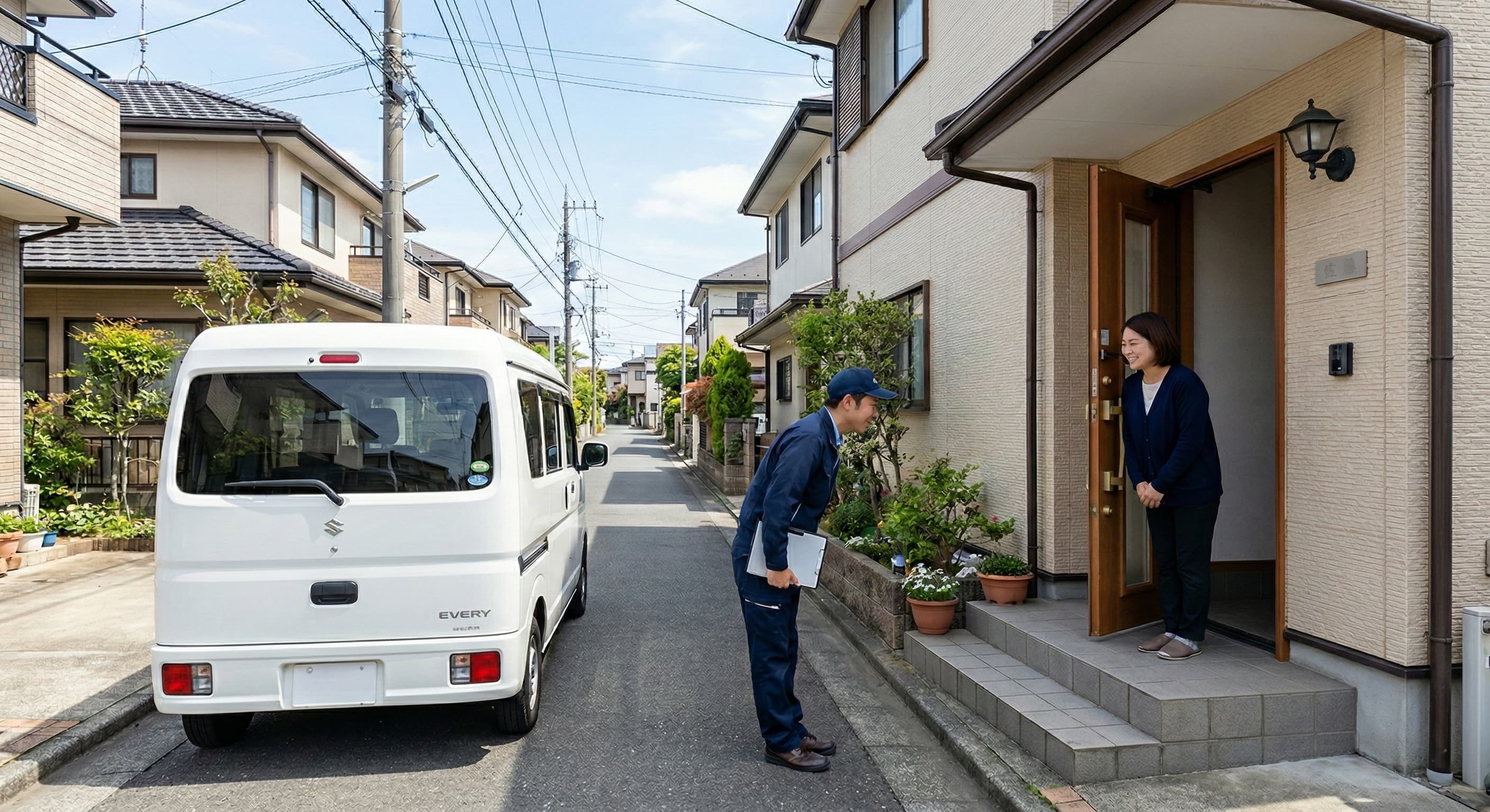 作業車で住宅街に駆けつける電気工事士